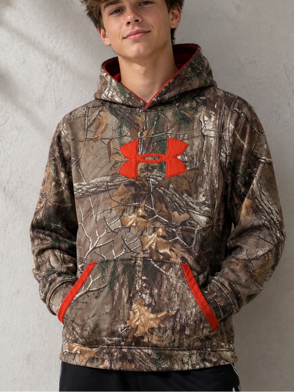 Under Armour Realtree Camo Hoodie Youth Large YLG Orange Logo Fleece Lined